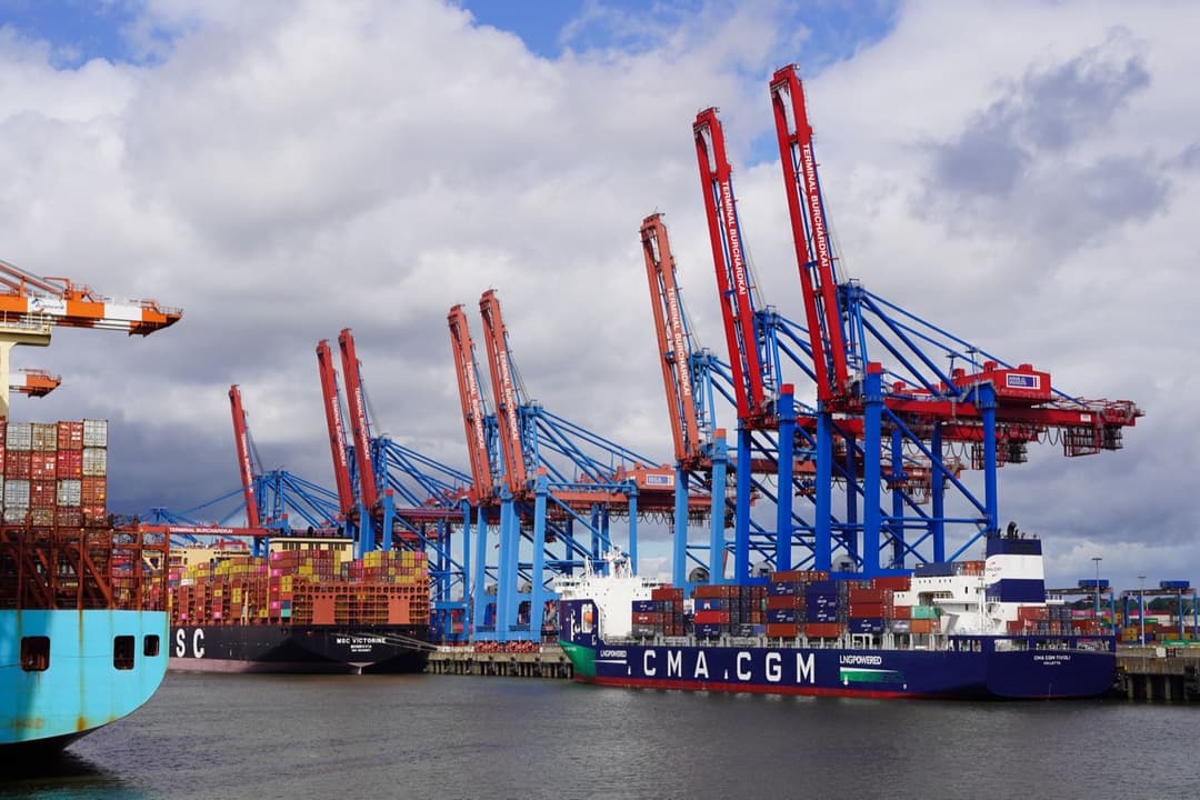 Container ships and gantry cranes at a busy commercial harbor, illustrating the harbor maintenance fee on ocean cargo